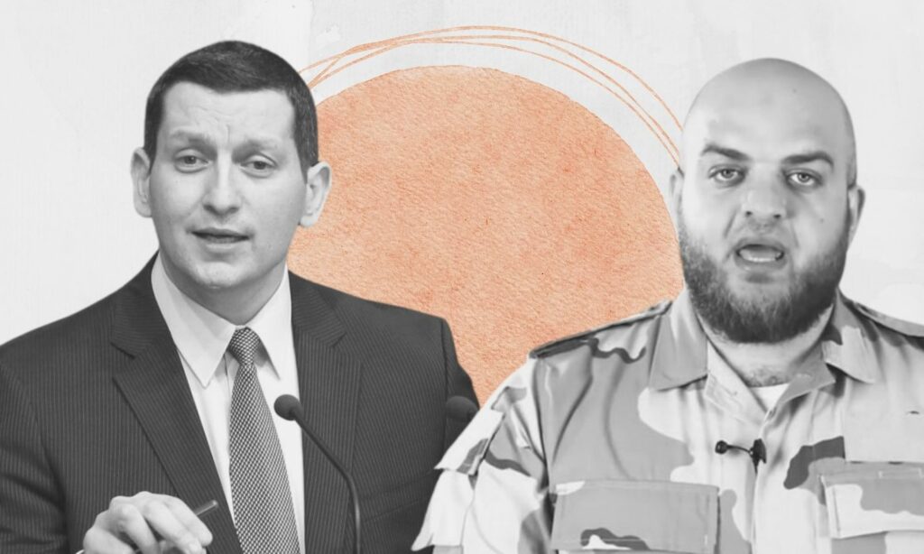 Former Jaysh al-Islam spokesman Islam Alloush and the former spokesman for the Syrian regime’s government, Jihad Makdissi (edited by Enab Baladi)