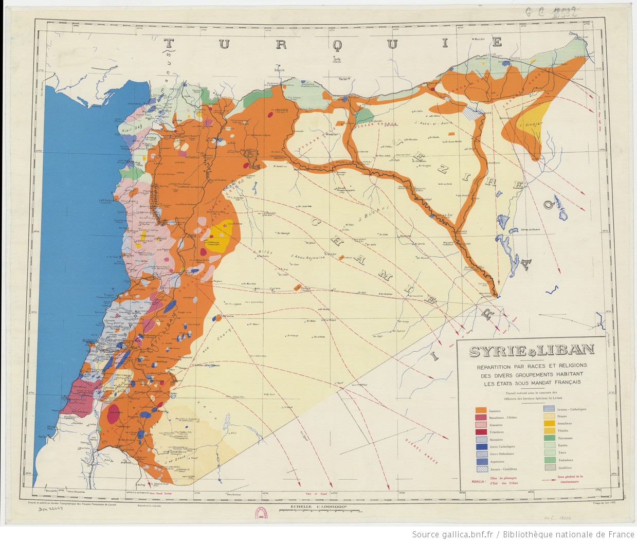 A map showing ethnic and religious distribution in Syria and Lebanon under French mandate. Source: Gallica