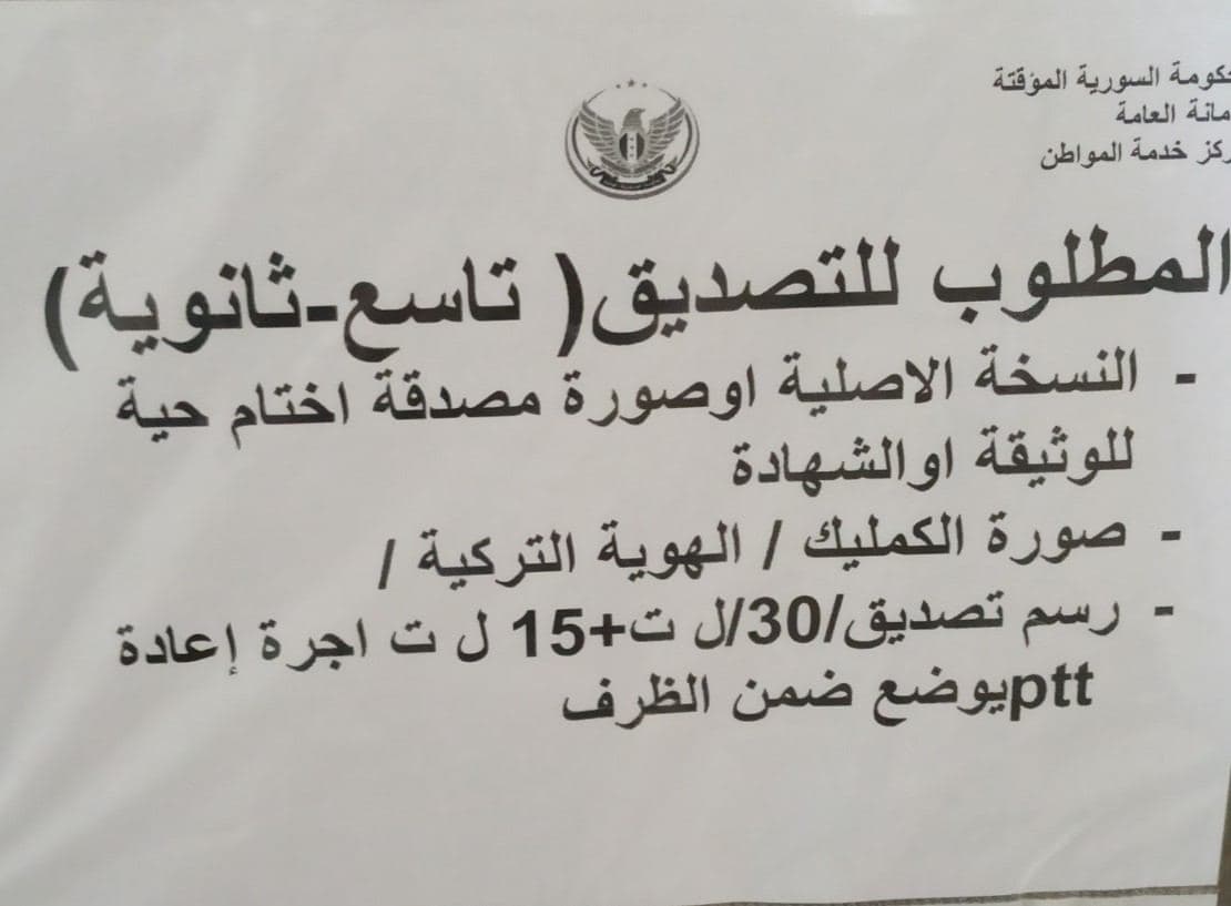 Image taken at the CSC of the list indicating the fees of authentication and remailing services (Enab Baladi)