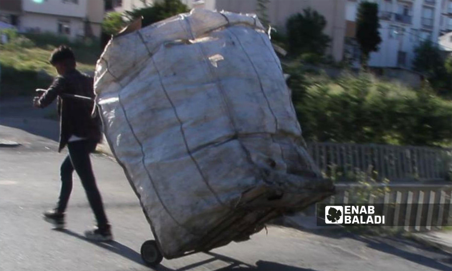 A Syrian refugee child in Turkey works on a cart to collect recyclable waste (Enab Baladi)