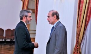 EU Coordinator of the talks on the nuclear agreement, Enrique Mora, and Iran’s chief negotiator, Ali Bagheri, in the Iranian capital Tehran - May 2022 (AP)