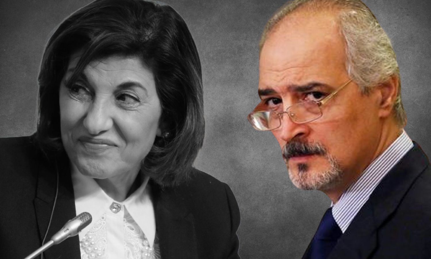 Bashar al-Jaafari, Deputy Minister of Foreign Affairs, and Bouthaina Shaaban, Media and Political Adviser of the Syrian regime president (edited by Enab Baladi)