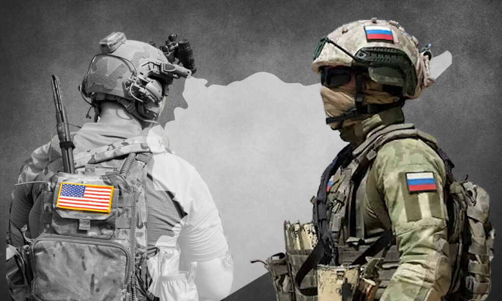 A Russian soldier and an American soldier in Syria (edited by Enab Baladi)
