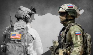 A Russian soldier and an American soldier in Syria (edited by Enab Baladi)