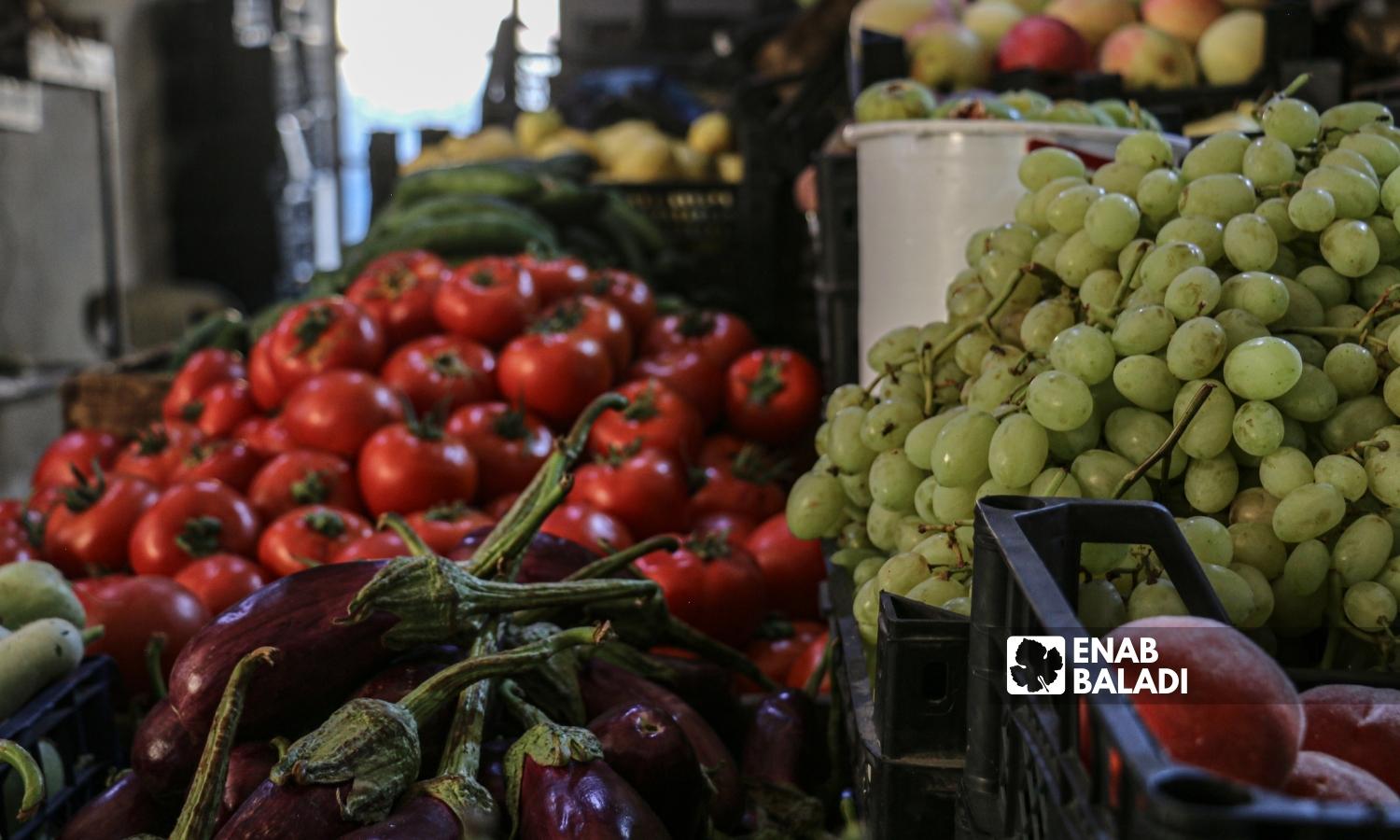 Fruits and vegetables displayed for sale in the covered market of Azaz city in Aleppo’s northern countryside - 02 September 2022 (Enab Baladi/Dayan Junpaz)
