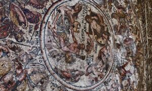 Part of a Roman-era mosaic panel shows one of the best preserved of its kind in al-Rastan city in central Homs governorate - 12 October 2022 (Ouruba newspaper)