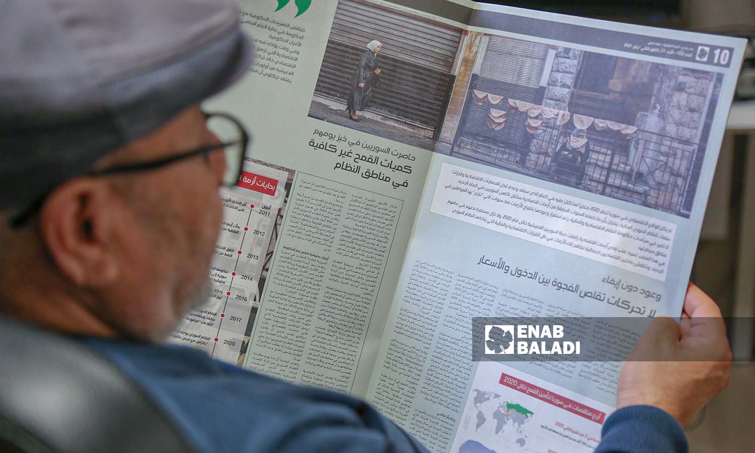 A Syrian journalist reading Enab Baladi newspaper (Abdulmoeen Homs)