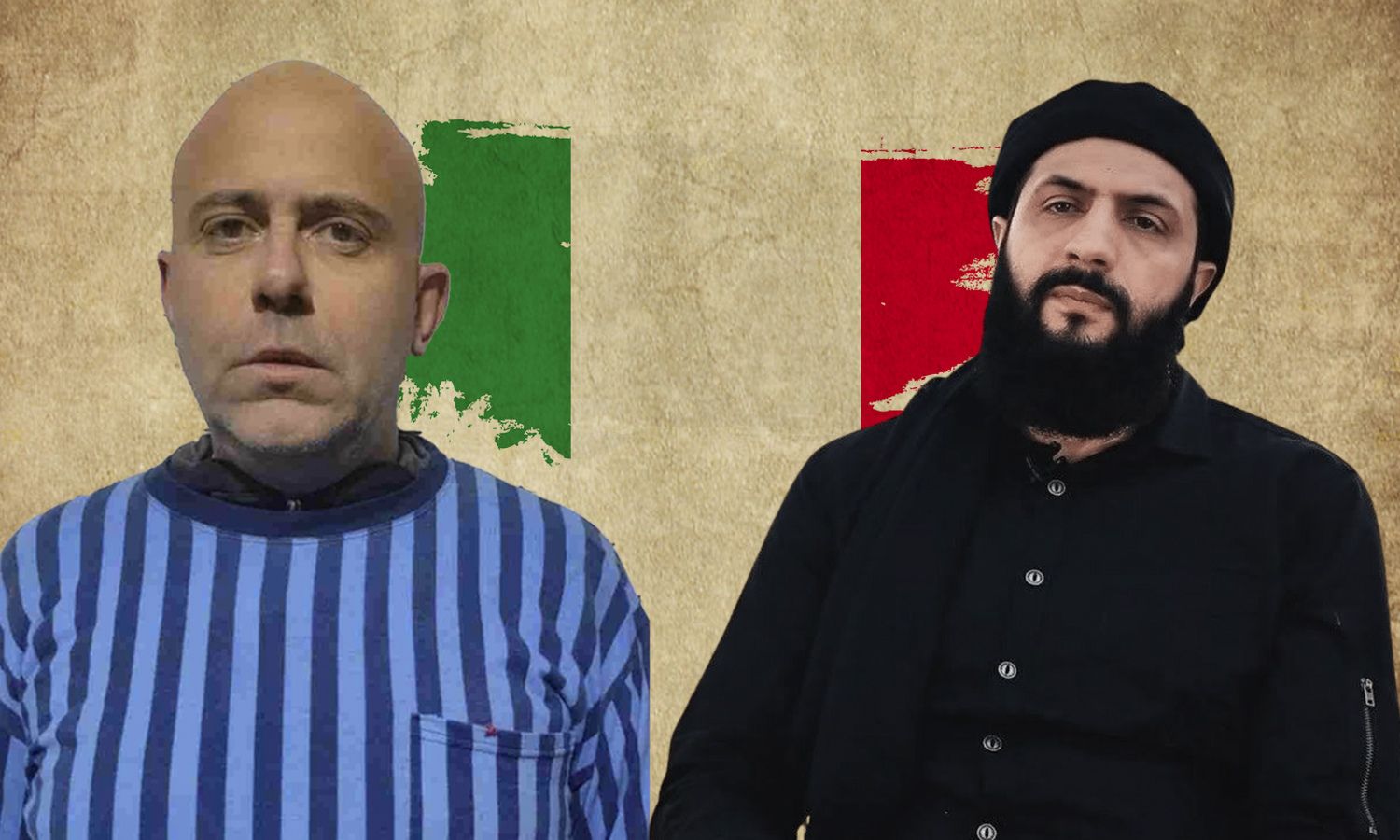 Abu Mohammad al-Jolani, (R) leader of Hayat Tahrir al-Sham, and Bruno Carbone (L), main drug supplier to Naples’ Camorra Mafia (modified by Enab Baladi)