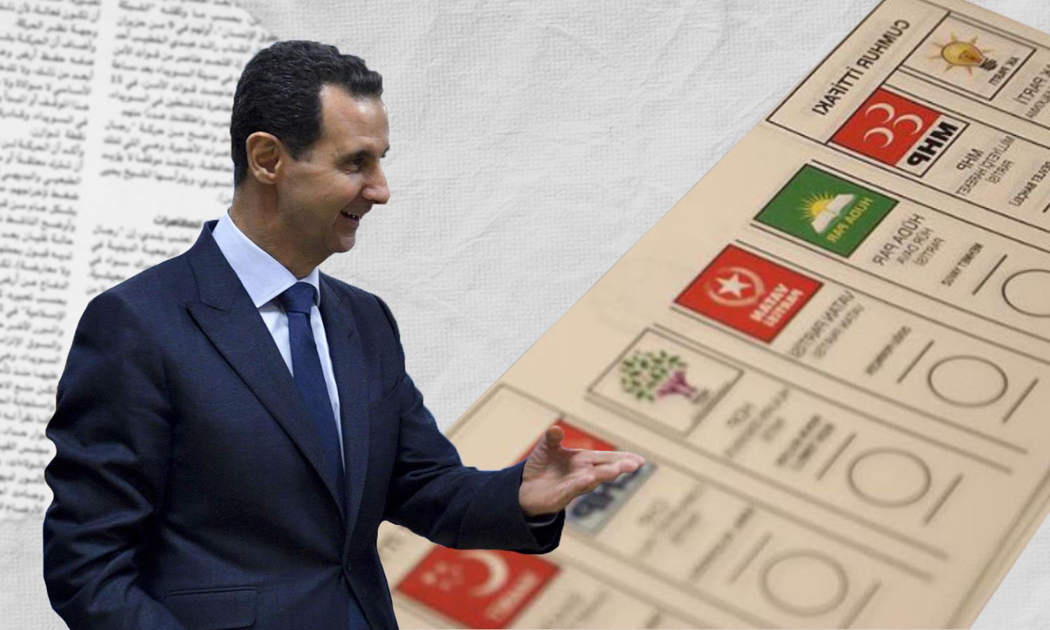 The head of the Syrian regime, Bashar al-Assad, in the background an electoral paper showing the names of the Turkish parties (modified by Enab Baladi)