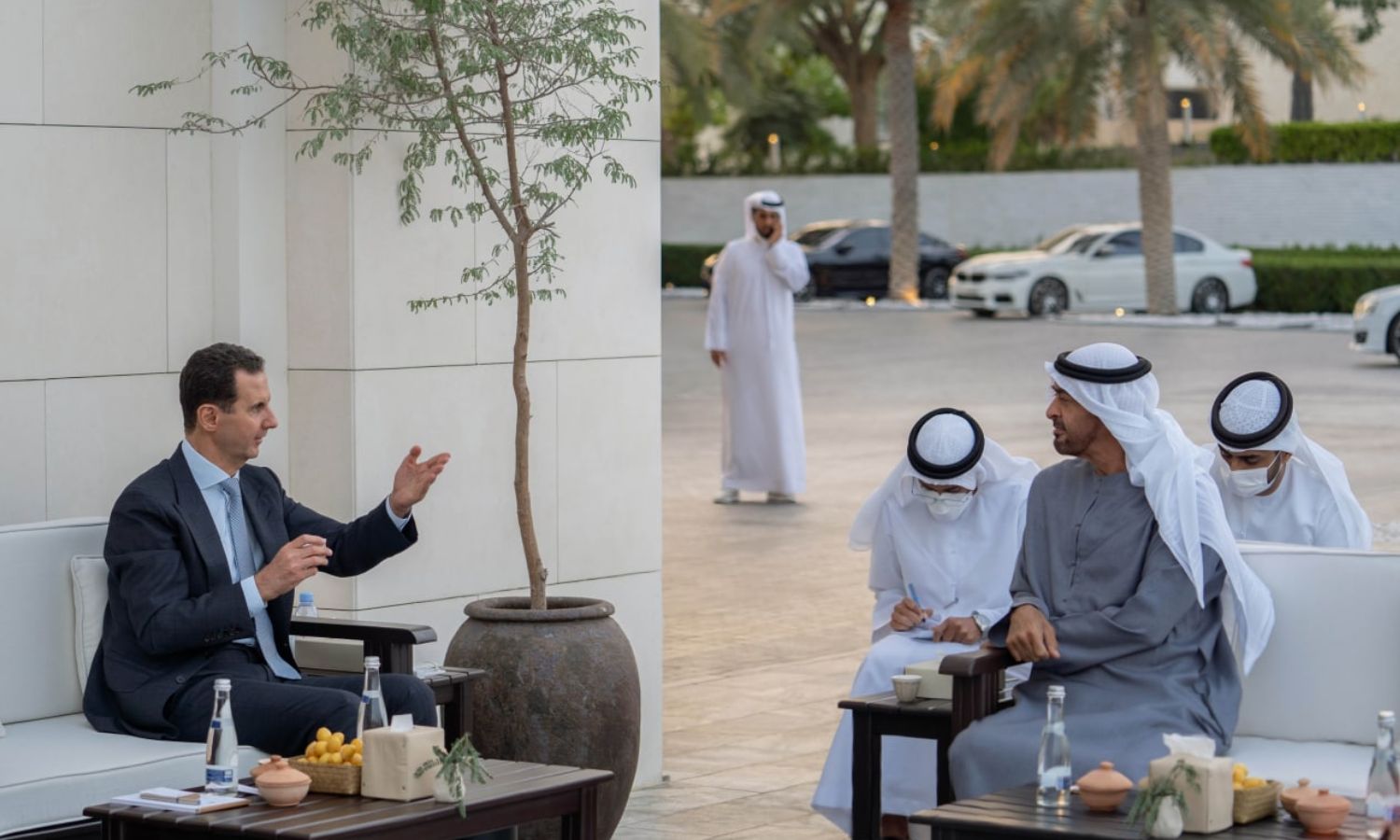 The head of the Syrian regime, Bashar al-Assad, meets the then Crown Prince of Abu Dhabi (the current president), Mohammed bin Zayed, during his visit to the UAE - 18 March 2022 (Presidency of the Syrian Arab Republic)