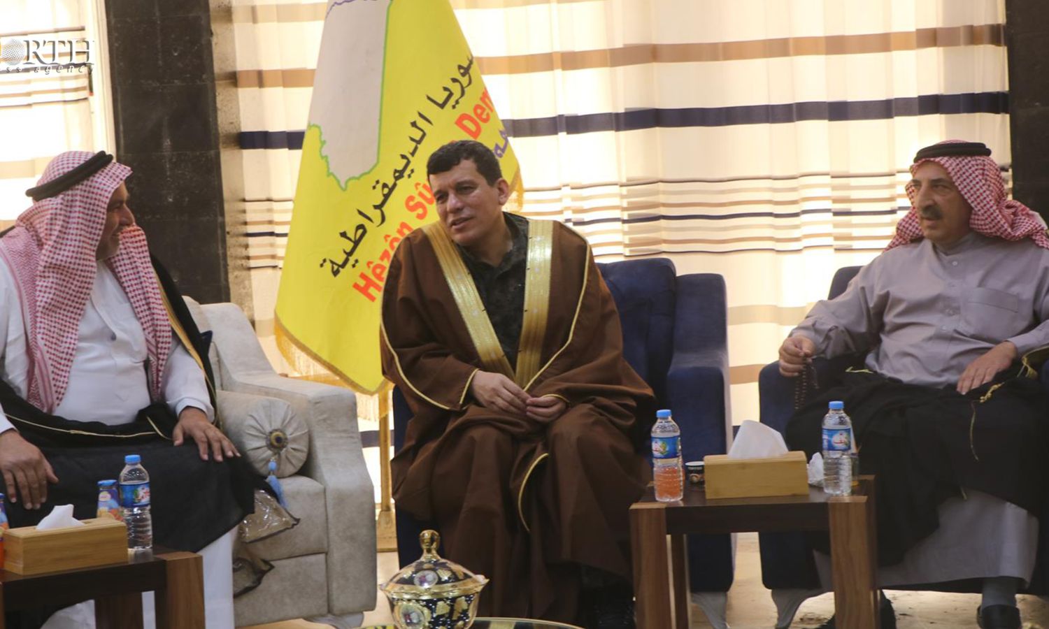 Mazloum Abdi, Commander of the US-backed Syrian Democratic Forces (SDF), during his meeting with sheikhs and notables of Syrian clans in Raqqa - 16 August 2020 (North Press Agency)