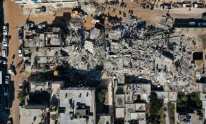 An aerial photo of the aftermath of the devastating earthquake in Jindires town in the border Afrin region in the northern countryside of Aleppo - February 7, 2023 (Syria Civil Defense/Facebook)