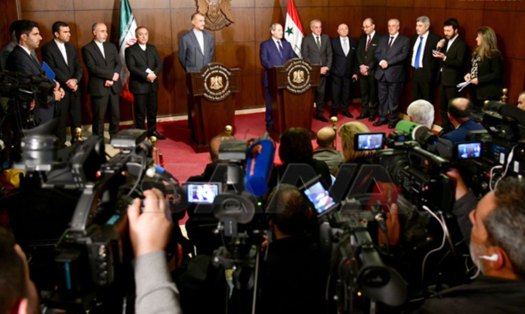Press conference in Damascus of the Syrian Foreign Minister, Faisal Mekdad, and Iranian Foreign Minister, Hossein Amir-Abdollahian, 14 January 2023 (SANA)