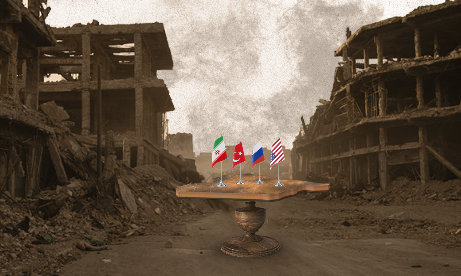 A table with the flags of the US, Turkey, Iran, and Russia in a destroyed street in Syria (edited by Enab Baladi)