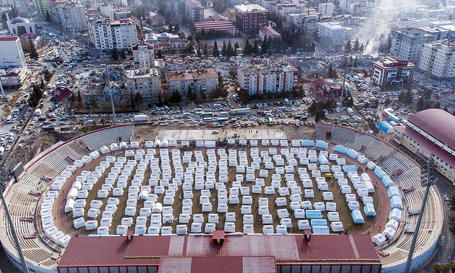 Tents at the "12 Şubat" stadium, which has been turned into a shelter in Kahramanmaraş, southern Turkey, following an earthquake that struck the area - February 8, 2023 (Anadolu Agency)