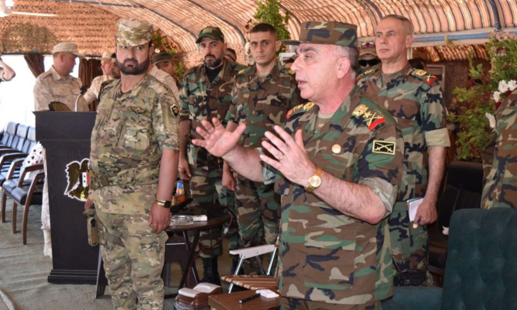 General Abdul Karim Mahmoud Ibrahim, Chief of Staff of the Syrian regime forces, and the commander of the 25th Division (Special Forces/Tiger Forces), Brigadier General Suhail al-Hassan, during military training for soldiers - July 30, 2022 (Facebook/Syrian Defense Ministry)