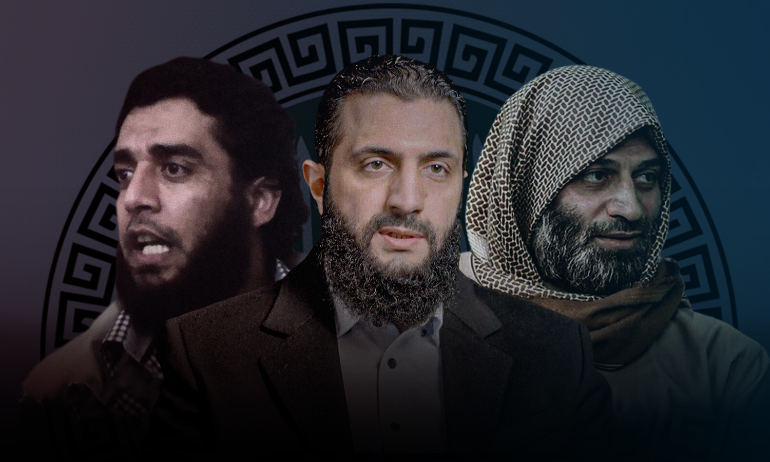 The head of HTS Sharia Council, Abd al-Rahim Atoun (right), the leader of Tahrir al-Sham, Abu Mohammad al-Jolani (C), HTS senior commander (R), Abu Maria al-Qahtani (edited by Enab Baladi)