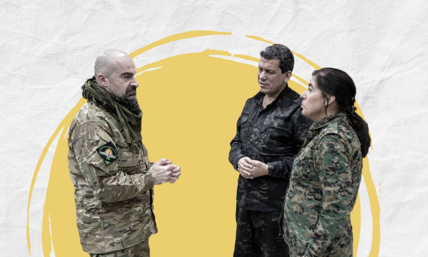 Bafel Talabani, leader of the Patriotic Union of Kurdistan, and SDF commander Mazloum Abdi, in the presence of an official woman from the Autonomous Administration in al-Hasakah (edited by Enab Baladi)