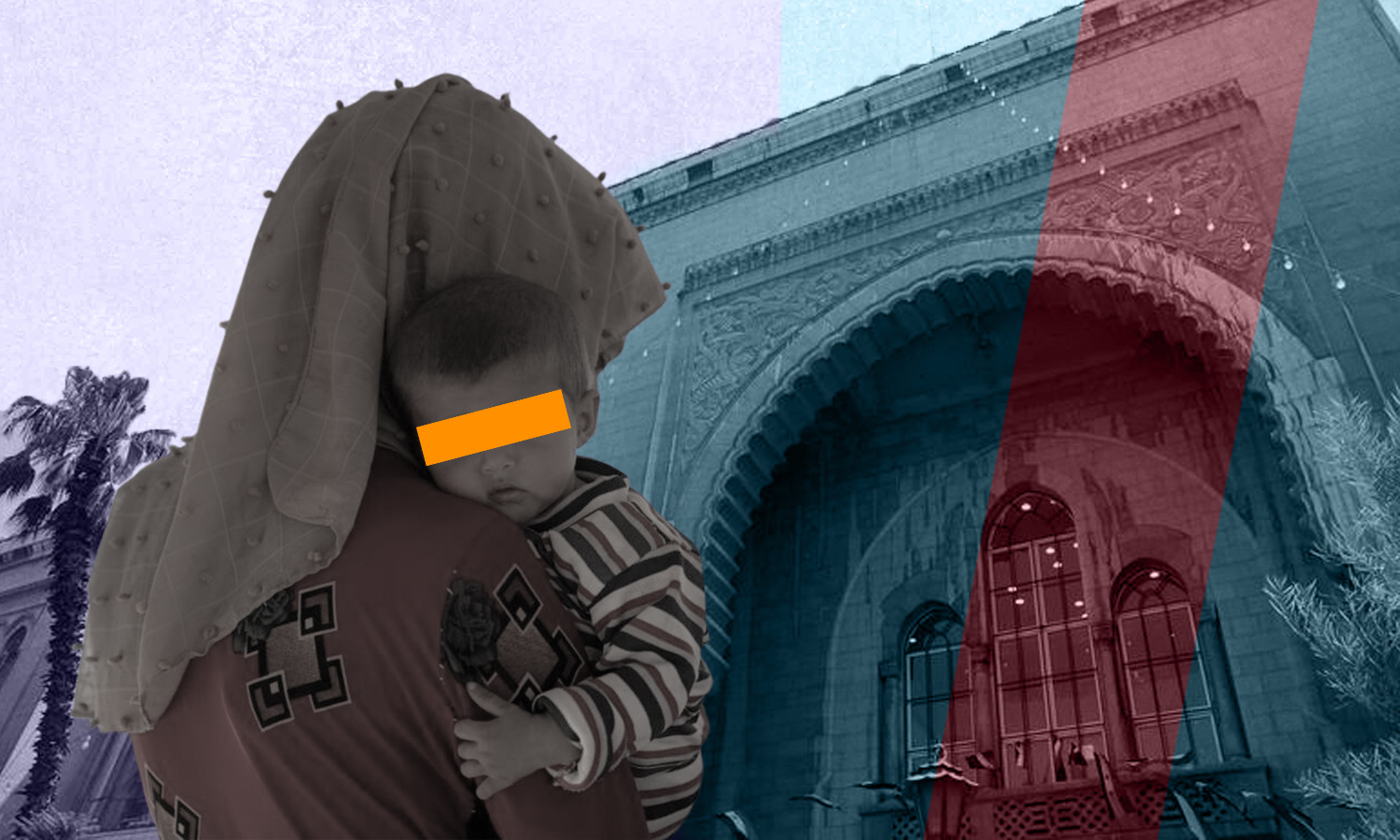 Illustration - A woman carrying her toddler stands in front of the Damascus Civil Court (edited by Enab Baladi)