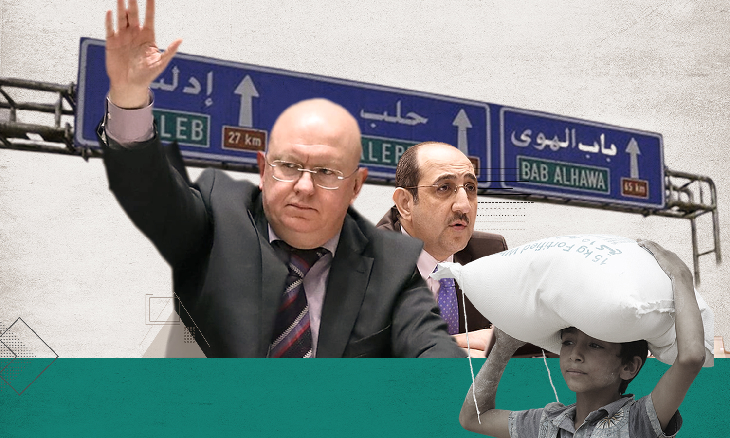 Vasily Nebenzya, Russia’s Permanent Representative to the United Nations and the Permanent Representative of the Syrian regime to the UN, Bassam Sabbagh (Edited by Enab Baladi)
