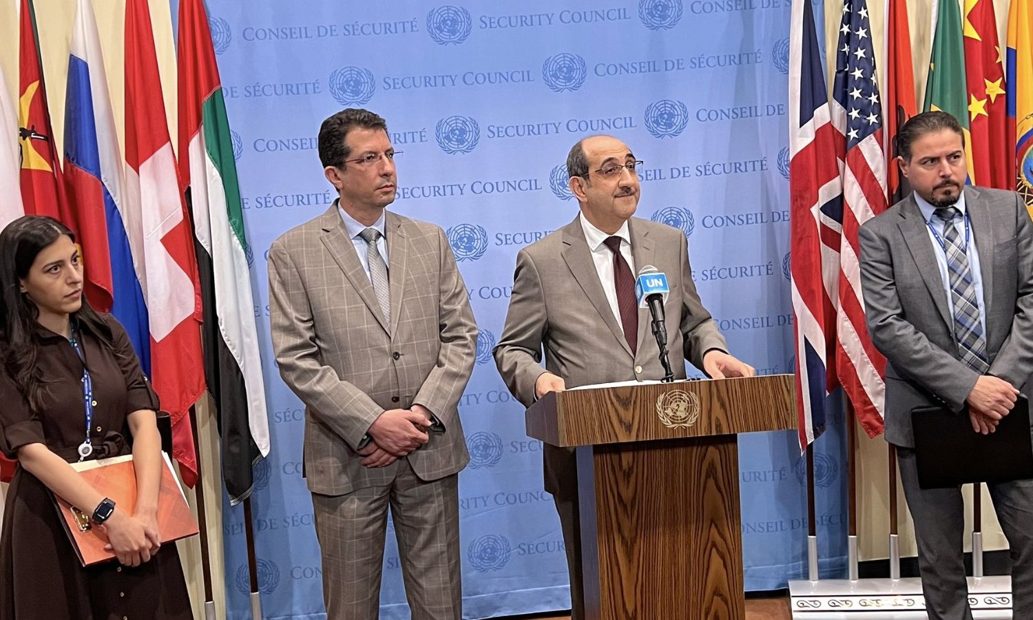 The regime’s Representative to the United Nations, Bassam Sabbagh, during a press conference after the failure to renew the UN mandate for cross-border aid - July 13 (Twitter/Bassam Sabbagh)
