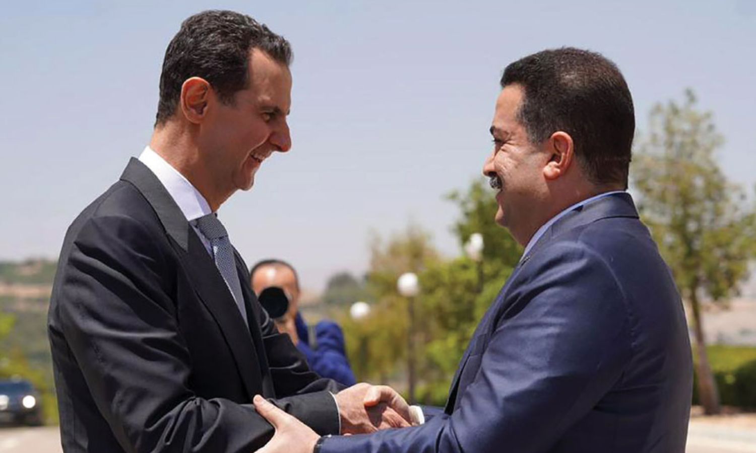 Bashar al-Assad, the head of the Syrian regime, and Mohammed Shia’ al-Sudani, the Iraqi Prime Minister, in Damascus - July 16, 2023 (Syrian Presidency/screenshot)