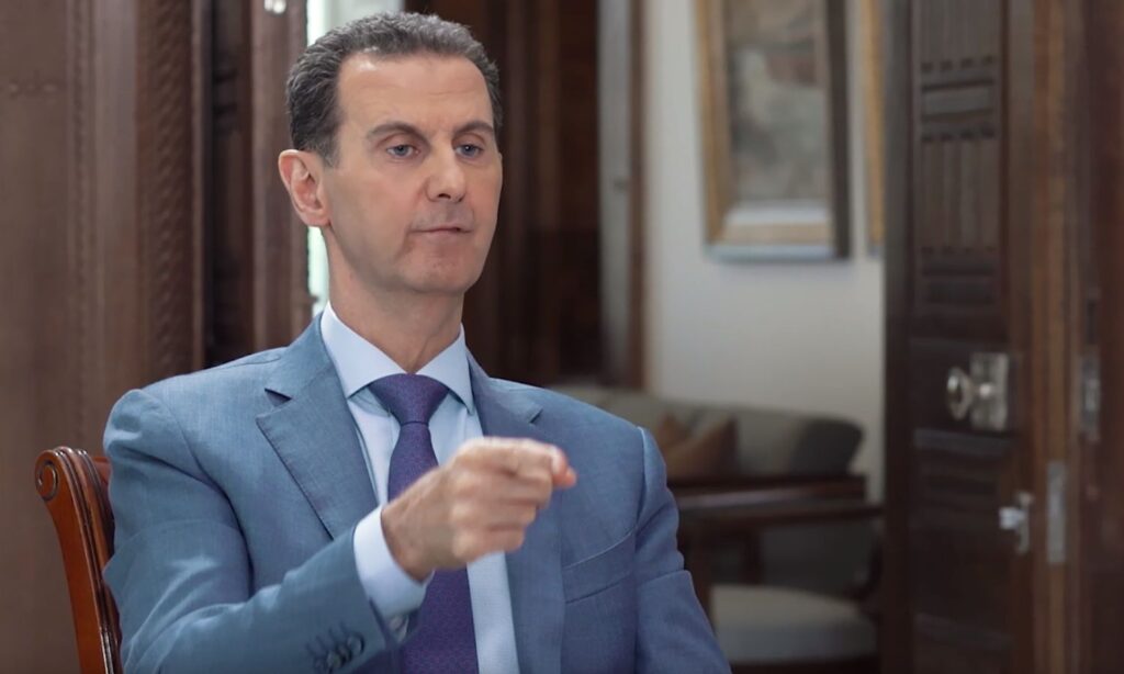 Bashar al-Assad, head of the Syrian regime, escalates his rhetoric against Ankara in an exclusive interview with Sky News Arabia - August 9 (Screenshot)