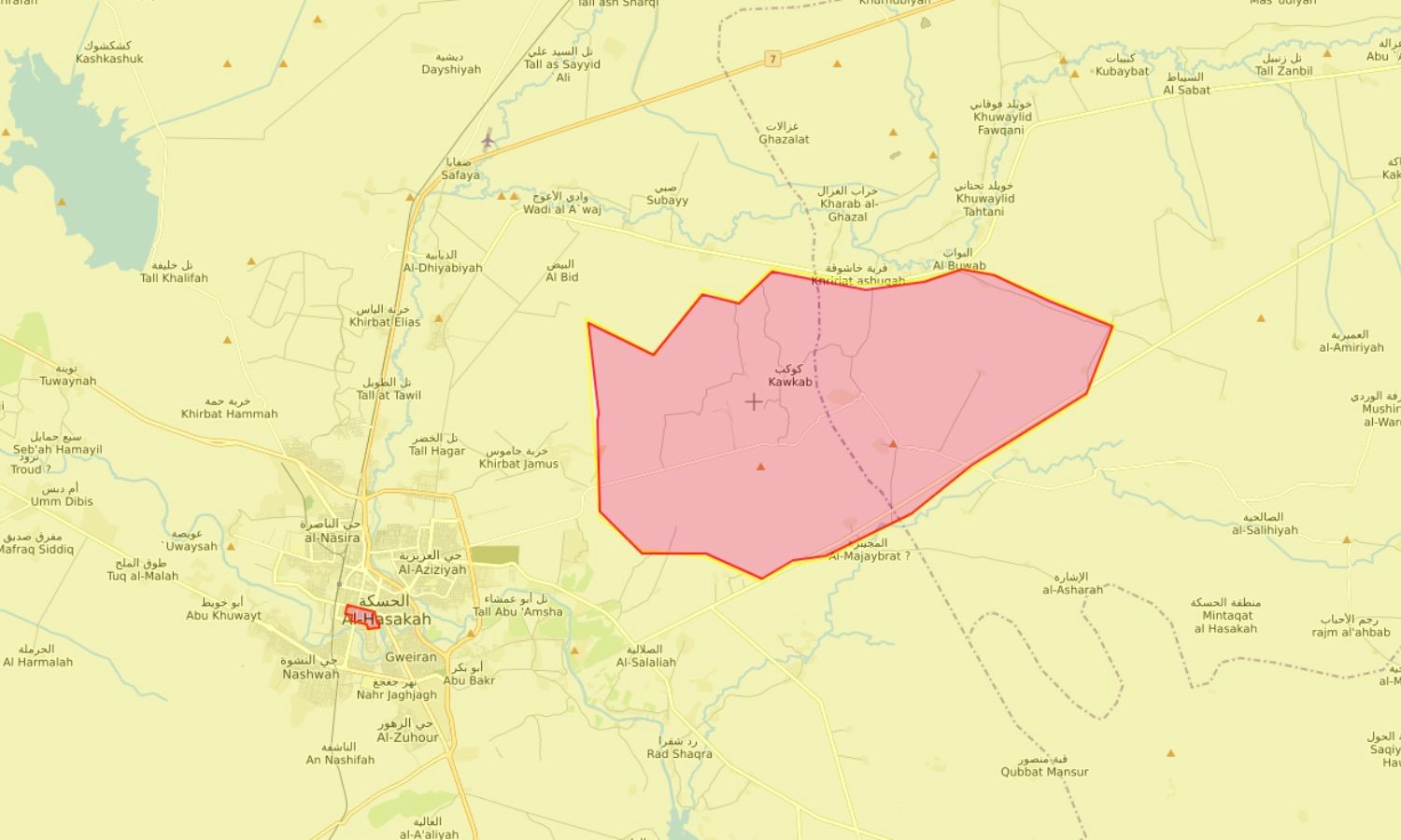 A map shows the security square, which includes a few streets in the city of al-Hasakah, next to Jabal Kawkab, which is controlled by the Syrian regime, east of the city itself, and the areas in yellow are where SDF is deployed.