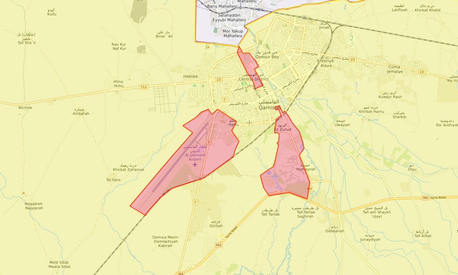 The areas controlled by the Syrian regime include the security square in Qamishli, the Nusaybin border crossing with Turkey (Top), the Qamishli Airport (L), and towns controlled by the regime south of the city (Bottom). The areas shown in yellow are where SDF is deployed.