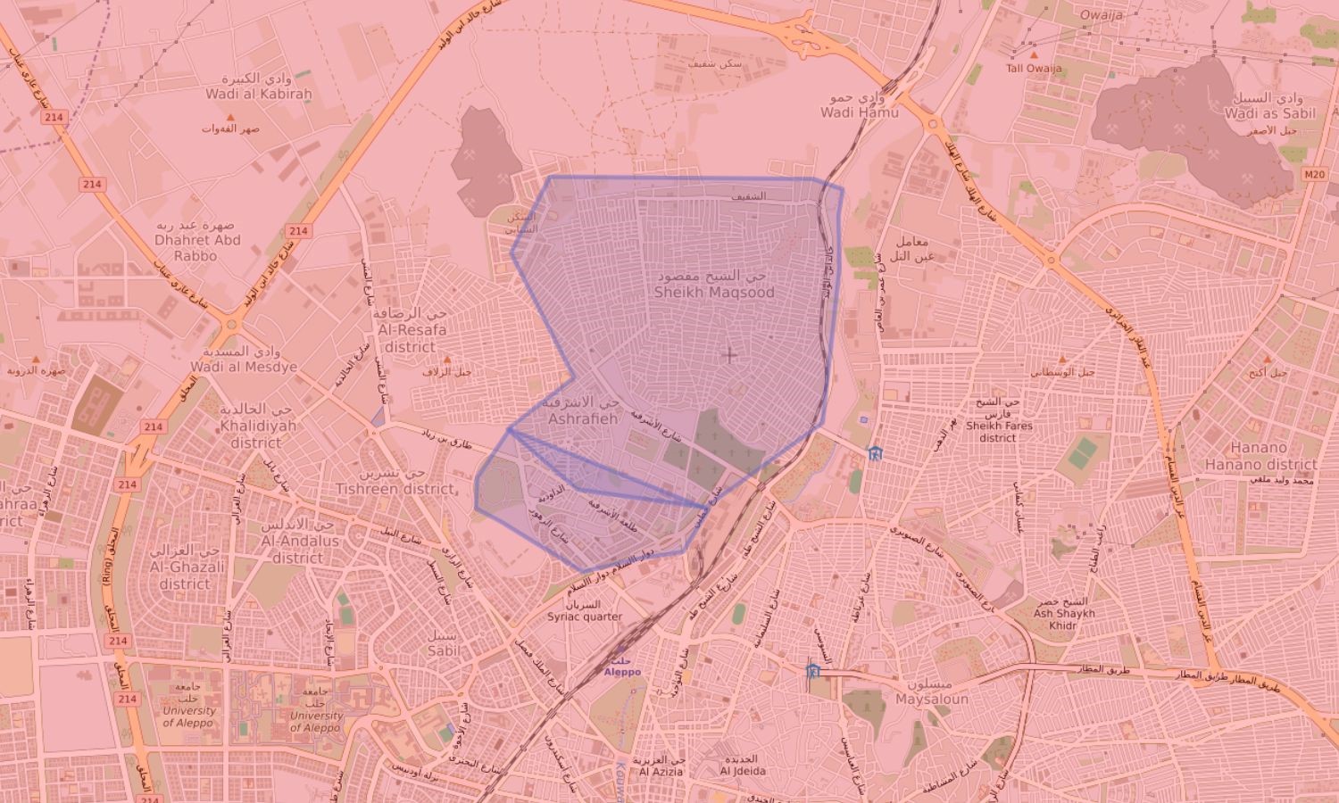 A map showing the SDF-controlled neighborhoods of Sheikh Maqsoud and al-Ashrafieh within the areas controlled by the Syrian regime in the city of Aleppo, northern Syria.
