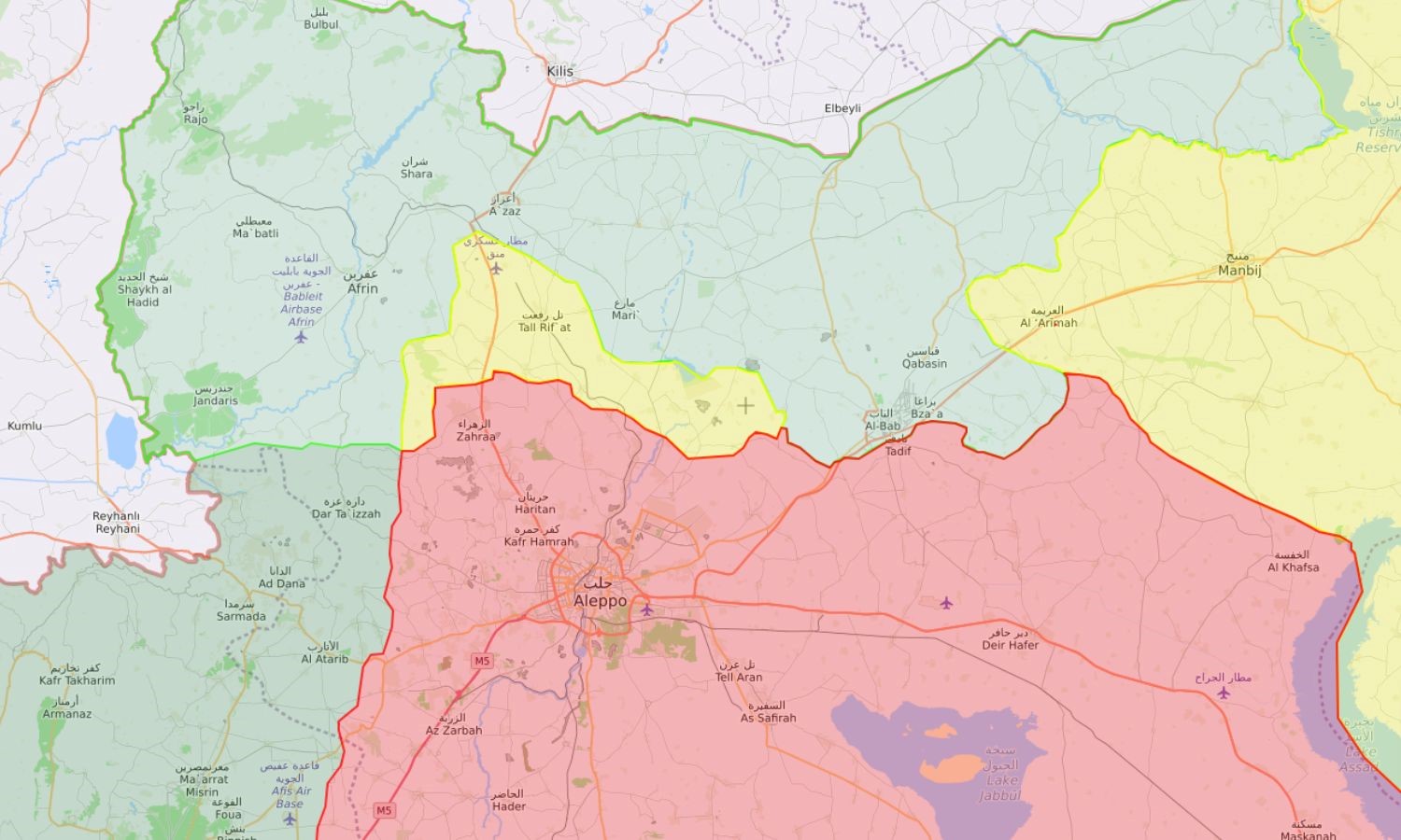 The city of Tal Rifaat appears separate from the city of Manbij and isolated from the other SDF-controlled areas in Manbij and Ayn al-Arab/Kobani. It also separates areas of Turkish influence from the city of Aleppo.
