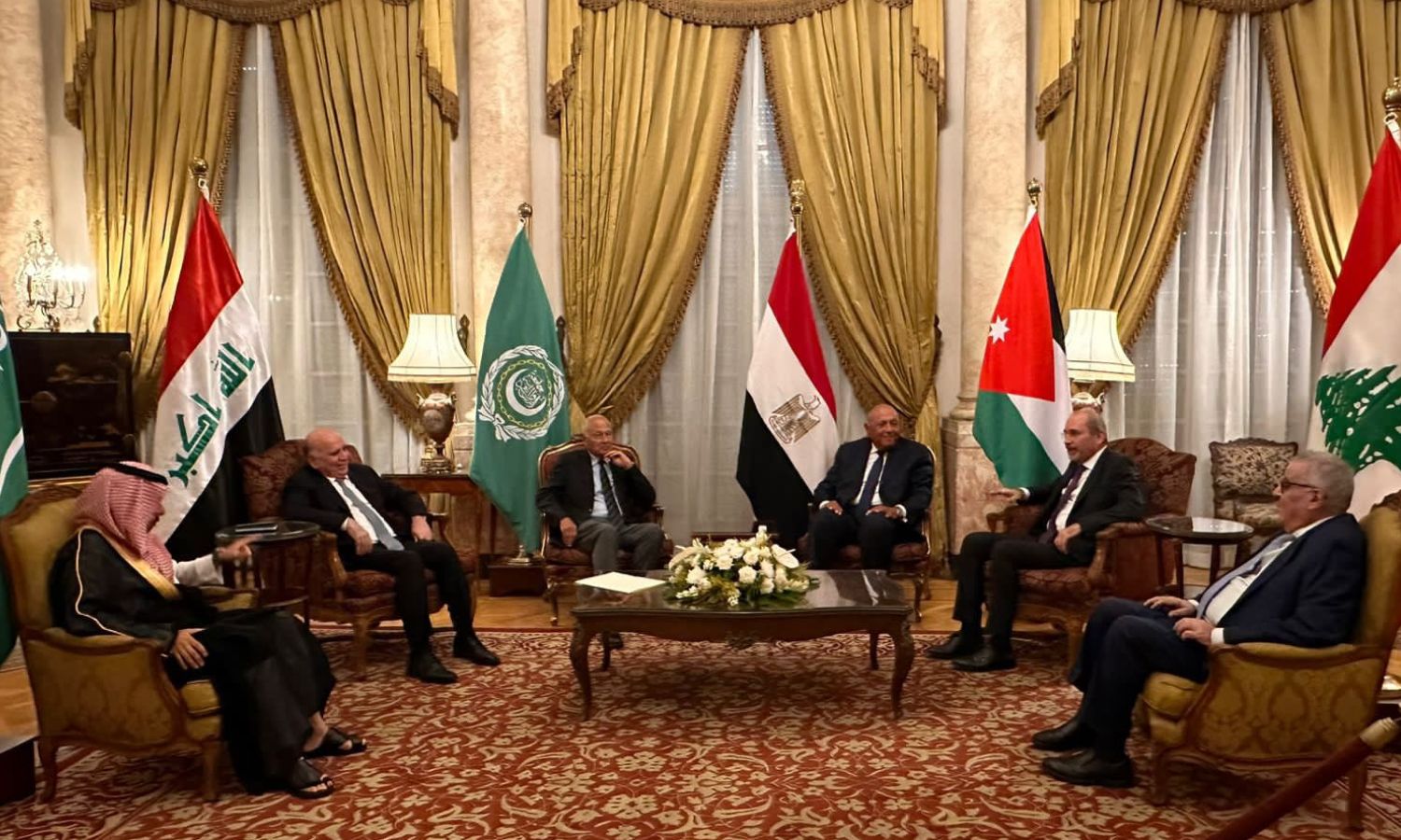 A side meeting of the Arab Liaison Committee before the official meeting with Syrian Foreign Minister Faisal Mekdad to follow up on developments in the Syrian file - August 15, 2023 (X platform/Egyptian Foreign Ministry spokesman)
