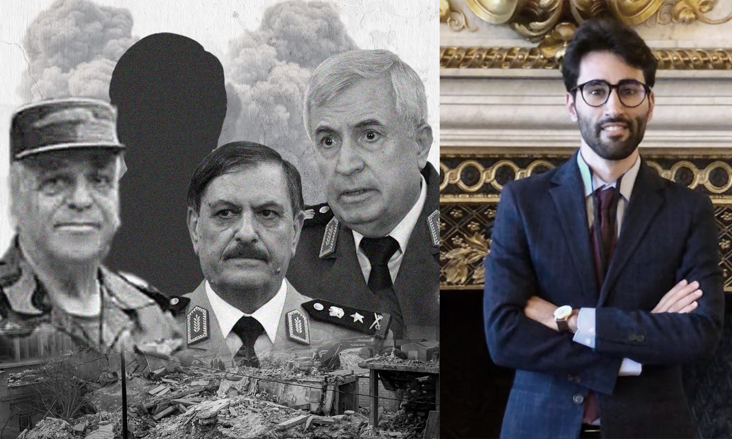 Two photos attached. The first to the left shows an image of Gen. Ali Abdullah Ayoub (R), Gen. Fahd Jassim al-Freij (C), and M. Gen Ahmed Baloul (L). The photo to the right shows Omar Salah Abu Nabout (Edited by Enab Baladi)