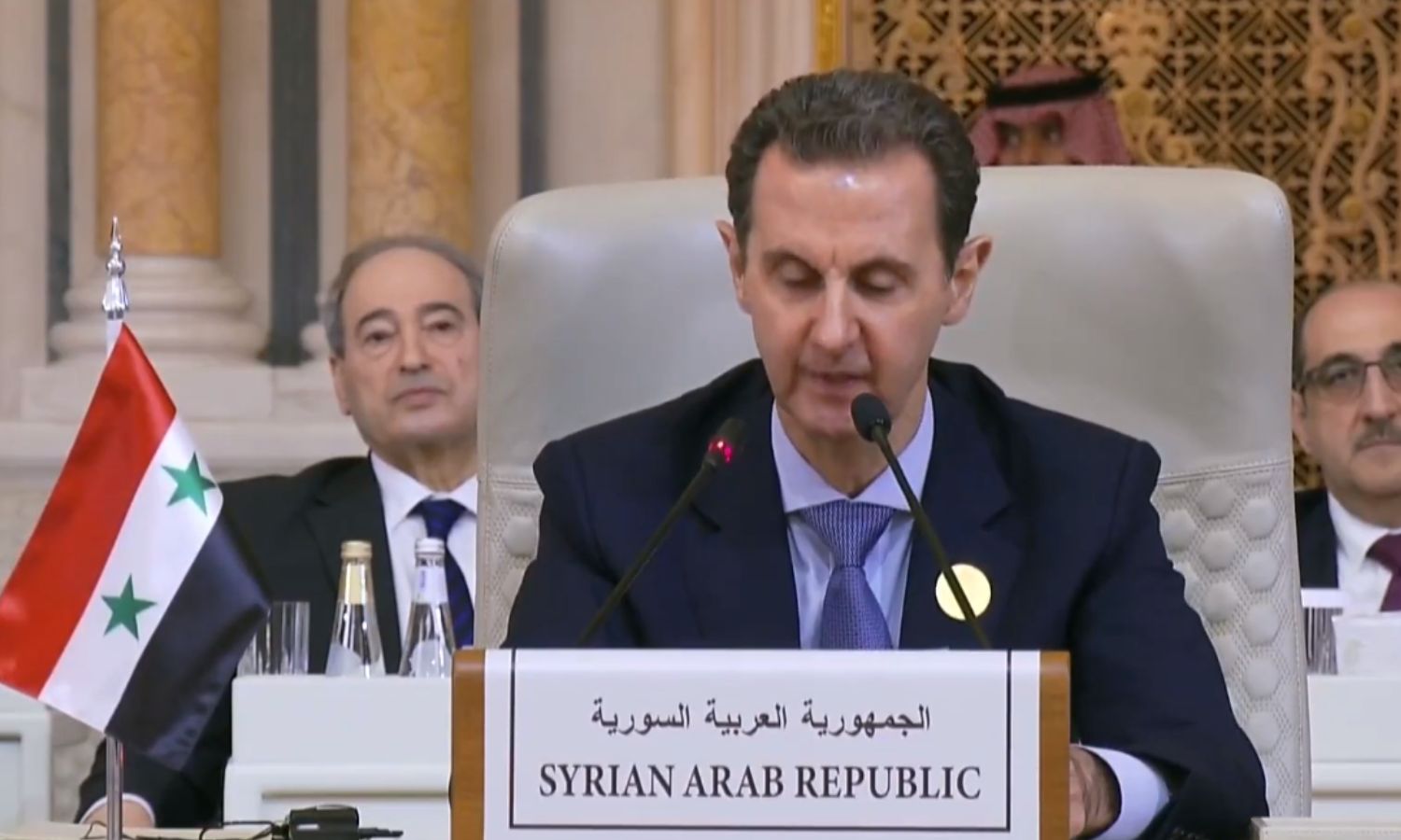 Bashar al-Assad delivers his speech at the Arab-Islamic summit on Gaza in Saudi Arabia - November 11, 2023 (Saudi Alekhbariya TV channel/screenshot)