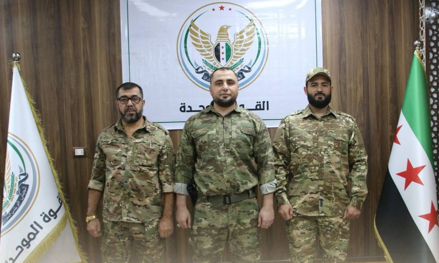 Commander of the Shamiya Front, Azzam Gharib (Abu al-Ezz Saraqib) (R), Commander of the Mutassim Division, Mutassim Abbas (C), and Commander of the Shahba Gathering, Hussein Assaf (Abu Tawfiq) (L) - November 5, 2023 (Unified Force)