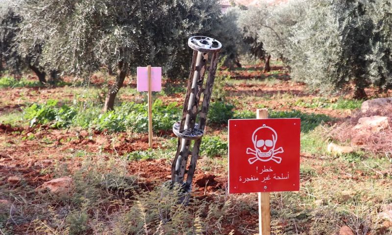 Remnants of a “9M27K” cluster missile after its submunitions were deployed in the Maram camp for displaced people near the village of Kafr Jalis in Idlib governorate, northwestern Syria - November 6, 2022 (White Helmets)