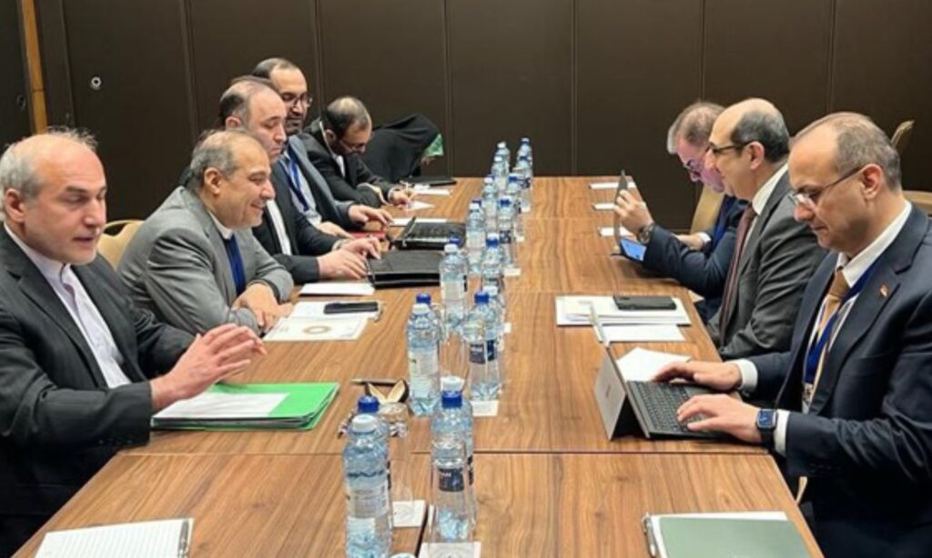 The Syrian regime's delegation held a bilateral meeting with the Iranian delegation at the Astana talks - January 24, 2024 (SANA)