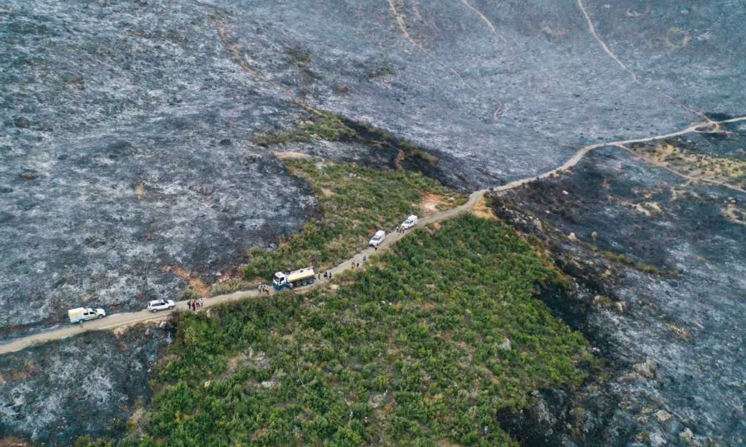 An aerial image shows members of the Syria Civil Defence battling a fire on a slope in the town of Jisr al-Shughour, west of Idlib province - September 11, 2020 (AFP)