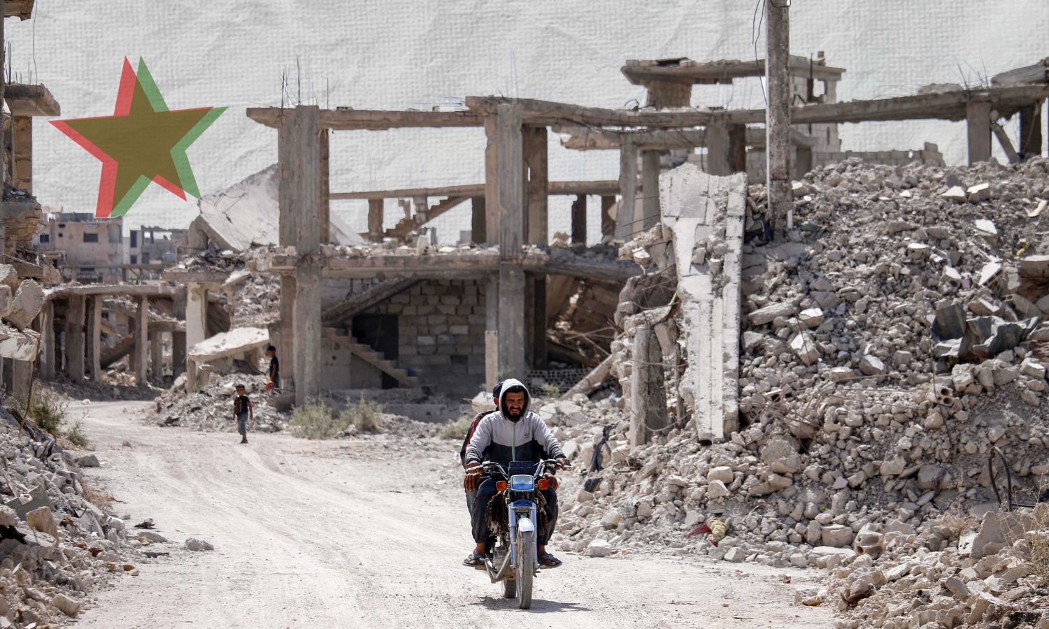 Civilians in a destroyed neighborhood in Daraa governorate, southern Syria (Edited by Enab Baladi)