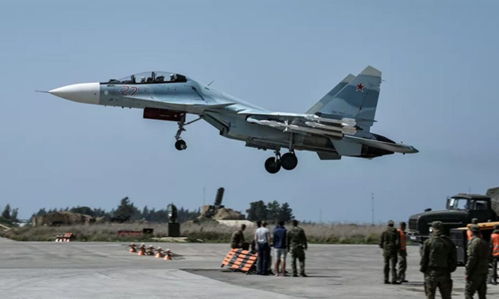 A Russian-made Sukhoi Su-24 aircraft takes off from Russia’s Hmeimim base in the Syrian province of Latakia (Sputnik)