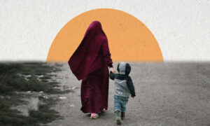 A mother walks with her child in Syria (AP/Edited by Enab Baladi)