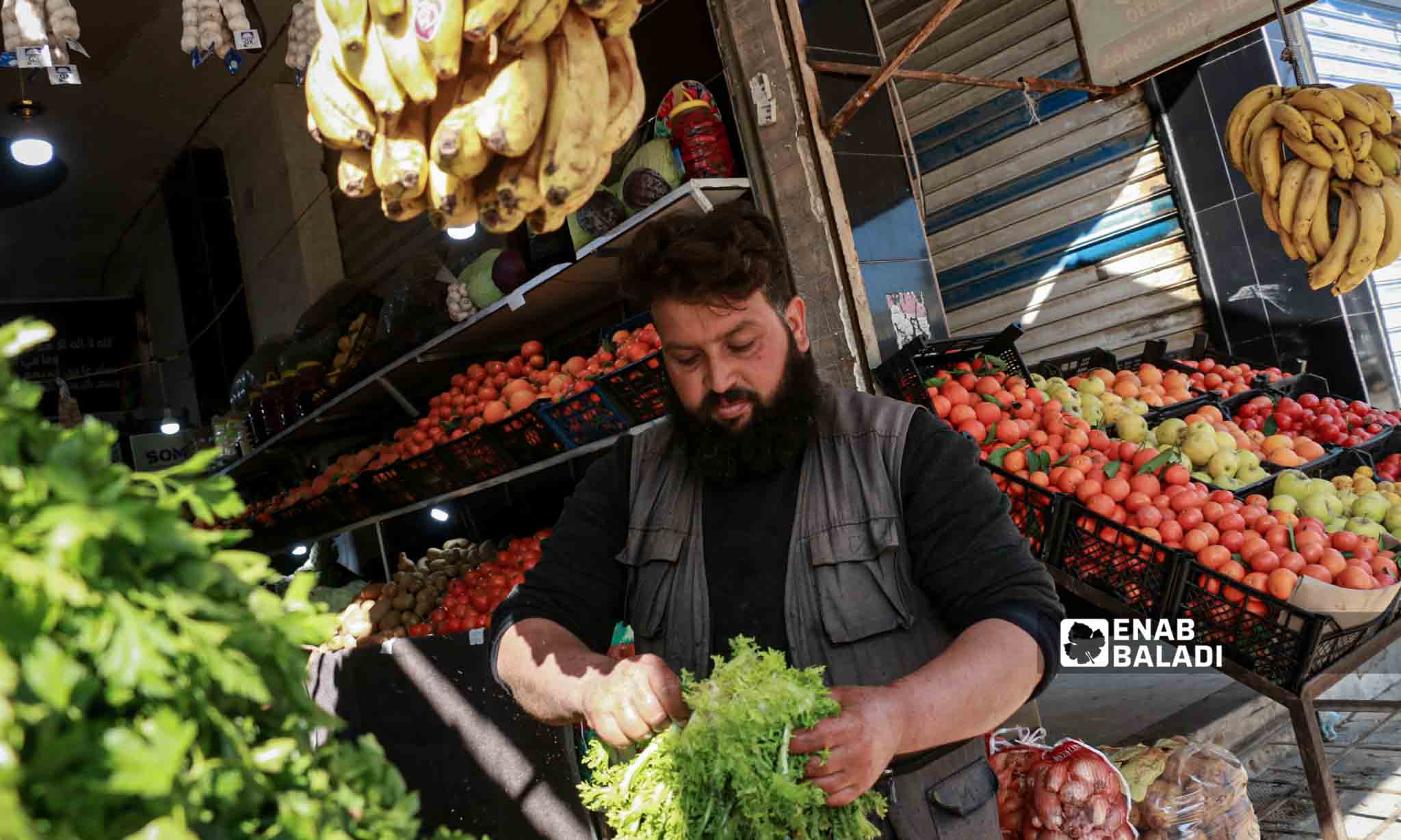 A vegetable vendor in one of Jindires markets in northwestern Syria - February 6, 2024 (Enab Baladi/Dayan Junpaz)
