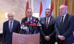 The four interior ministers meet in Amman to discuss ways to combat drug smuggling from Syria to Jordan, with the presence of the Minister of Interior of the regime's government, Mohammad al-Rahmoun - February 17, 2024 (Jordanian TV/Screenshot)
