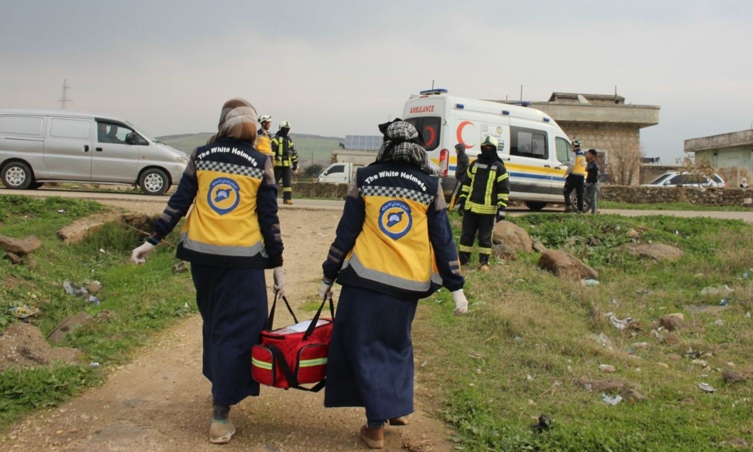 Volunteers in the Syria Civil Defence returning from responding to a fire in rural Idlib - December 21, 2023 (The White Helmets)