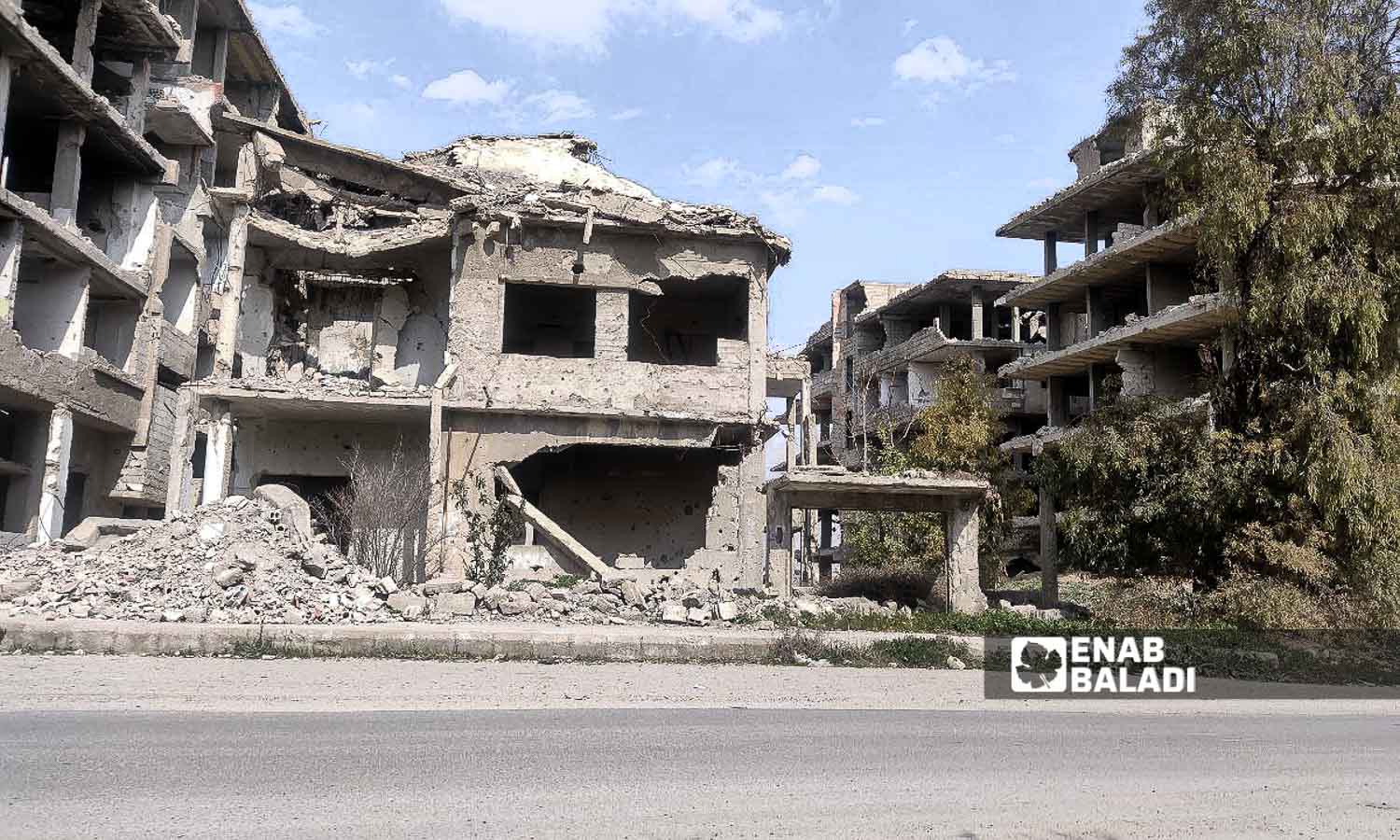 Destroyed buildings as a result of the Syrian regime