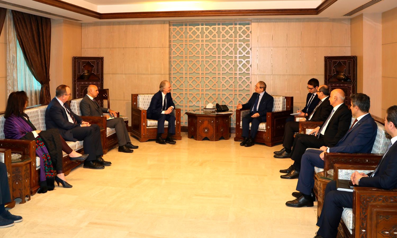 Syrian Foreign Minister Faisal Mekdad during his meeting with UN envoy for Syria Geir Pedersen - March 2024 (Foreign Ministry/Facebook)