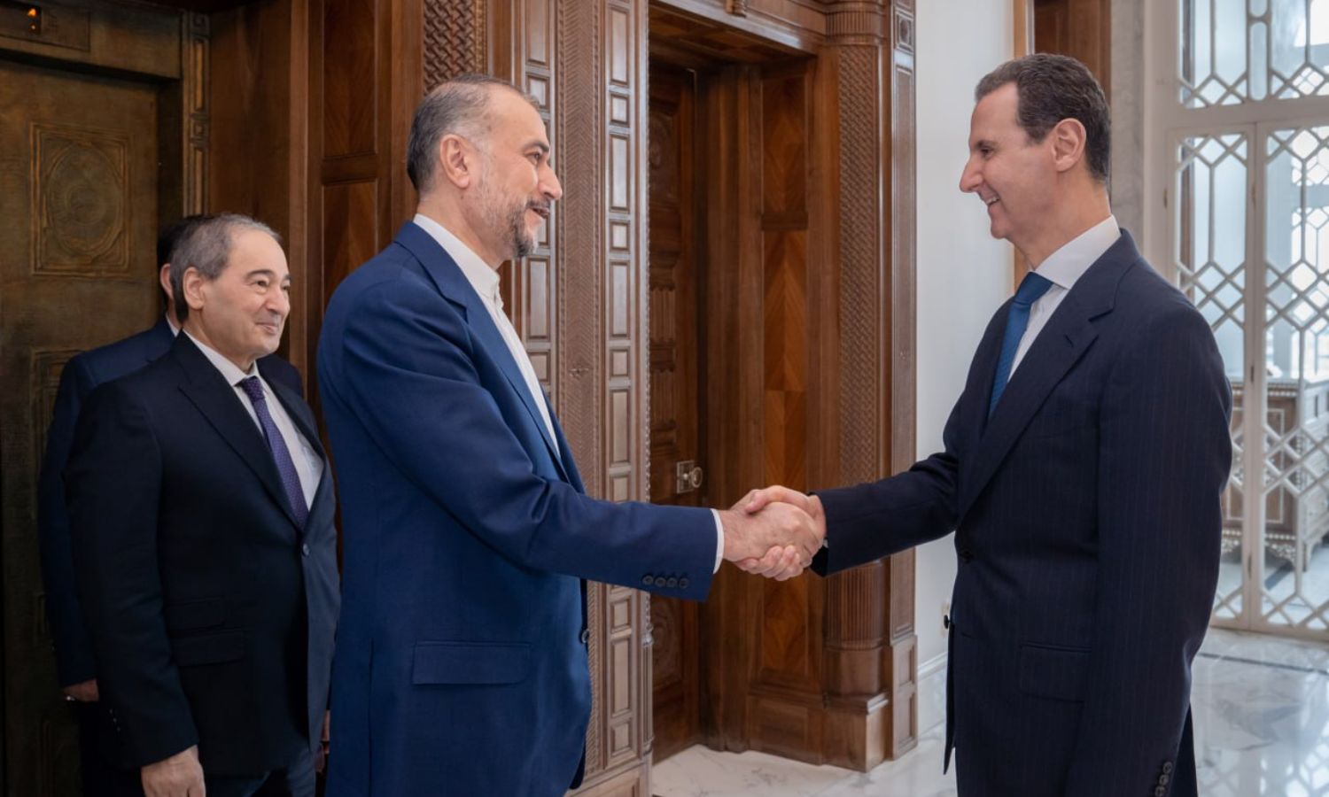 Bashar al-Assad meets Hossein Amir Abdollahian in Damascus in the presence of Faisal Mekdad - April 8, 2024 (Syrian Presidency/Telegram)