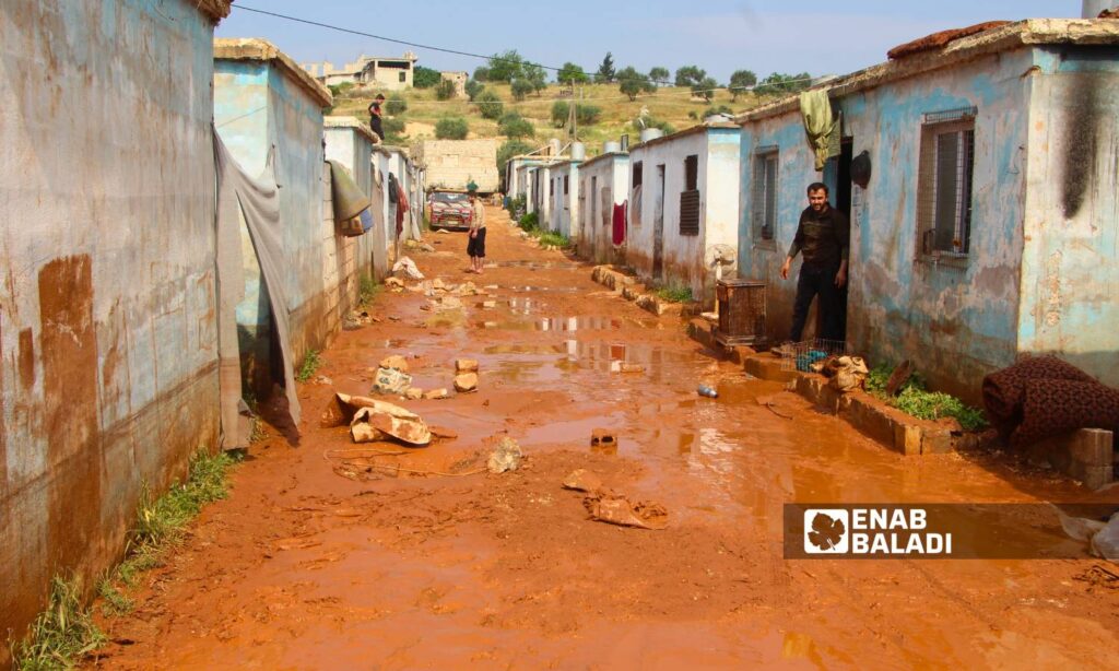 Over 80 families in the Sham Maryam camp were affected by rainwater leaking into their tents due to a rainstorm - May 2, 2024 (Enab Baladi/Iyad Abdul Jawad)