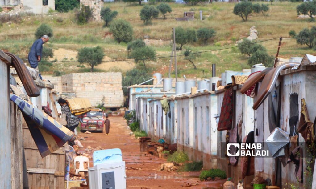 Over 80 families in the Sham Maryam camp were affected by rainwater leaking into their tents due to a rainstorm - May 2, 2024 (Enab Baladi/Iyad Abdul Jawad)