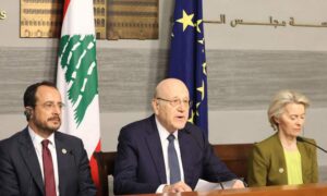 President of Cyprus, Nikos Christodoulides, European Commission President Ursula von der Leyen, and interim Lebanese Prime Minister Najib Mikati attended a press conference at the Government Palace in Beirut - May 2, 2024 (Reuters)